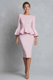 Pink Boat Neck Ruffled Pencil Midi Work Dress with Sleeves