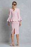 Pink Boat Neck Ruffled Pencil Midi Work Dress with Sleeves