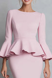Pink Boat Neck Ruffled Pencil Midi Work Dress with Sleeves