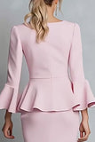 Pink Boat Neck Ruffled Pencil Midi Work Dress with Sleeves
