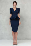Navy Pencil V-Neck Ruffled Midi Work Dress with Sleeves
