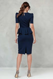 Navy Pencil V-Neck Ruffled Midi Work Dress with Sleeves