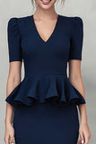 Navy Pencil V-Neck Ruffled Midi Work Dress with Sleeves