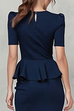 Navy Pencil V-Neck Ruffled Midi Work Dress with Sleeves