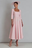 Pink A Line Satin Square Neck Long Work Dress with Sleeves