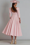 Pink A Line Satin Square Neck Long Work Dress with Sleeves