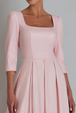 Pink A Line Satin Square Neck Long Work Dress with Sleeves