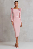 Pink Pencil Boat Neck Midi Work Dress with Slit