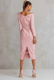 Pink Pencil Boat Neck Midi Work Dress with Slit