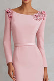Pink Pencil Boat Neck Midi Work Dress with Slit