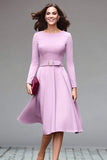 Simple Lilac A Line Round Neck Midi Work Dress with Belts