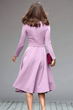 Simple Lilac A Line Round Neck Midi Work Dress with Belts