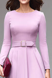 Simple Lilac A Line Round Neck Midi Work Dress with Belts