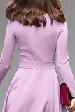 Simple Lilac A Line Round Neck Midi Work Dress with Belts