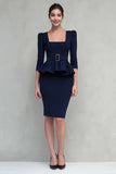 Navy Ruffled Pencil Square Neck Midi Work Dress with Belt