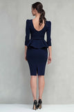 Navy Ruffled Pencil Square Neck Midi Work Dress with Belt