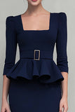 Navy Ruffled Pencil Square Neck Midi Work Dress with Belt