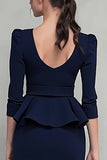 Navy Ruffled Pencil Square Neck Midi Work Dress with Belt