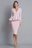 Pink Pencil V-Neck Ruffled Midi Work Dress with Sleeves