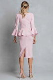 Pink Pencil V-Neck Ruffled Midi Work Dress with Sleeves