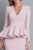 Pink Pencil V-Neck Ruffled Midi Work Dress with Sleeves