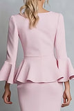 Pink Pencil V-Neck Ruffled Midi Work Dress with Sleeves