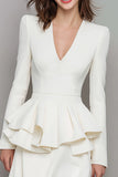 Ivory Ruffled V-Neck A Line Short Work Dress with Sleeves