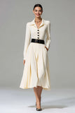 Ivory A Line Collar Neck Midi Work Dress with Pockets