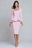 Pink Pencil Ruffled Square Neck Midi Work Dress with Sleeves
