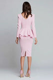 Pink Pencil Ruffled Square Neck Midi Work Dress with Sleeves