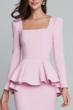 Pink Pencil Ruffled Square Neck Midi Work Dress with Sleeves