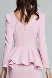 Pink Pencil Ruffled Square Neck Midi Work Dress with Sleeves
