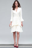 Ivory V-Neck A Line Tiered Midi Work Dress with Sash