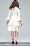Ivory V-Neck A Line Tiered Midi Work Dress with Sash