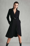 Black Satin Notched Lapel Midi Blazer Dress with Pockets