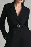 Black Satin Notched Lapel Midi Blazer Dress with Pockets