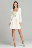 Ivory Square Neck A Line Short Work Dress with Belt