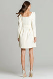 Ivory Square Neck A Line Short Work Dress with Belt