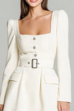 Ivory Square Neck A Line Short Work Dress with Belt