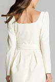 Ivory Square Neck A Line Short Work Dress with Belt