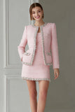Sparkly Pink 2 Piece Pencil Short Tweed Outfits with Pockets