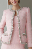 Sparkly Pink 2 Piece Pencil Short Tweed Outfits with Pockets