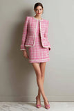 Pink Pencil Round Neck 2 Piece Short Tweed Outfits