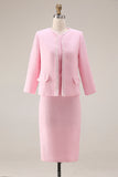 Pink Round Neck 2 Piece Pencil Midi Tweed Outfits