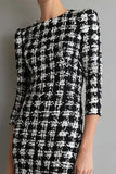 Mix Black Grid Mermaid Tweed Bateau Neck Midi Work Dress