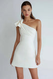 Ivory A Line Satin One Shoulder Short Bridal Shower Dress with Bow