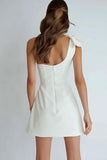 Ivory A Line Satin One Shoulder Short Bridal Shower Dress with Bow