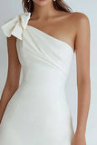 Ivory A Line Satin One Shoulder Short Bridal Shower Dress with Bow