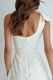 Ivory A Line Satin One Shoulder Short Bridal Shower Dress with Bow