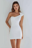 Ivory Satin Short One Shoulder Tight Bridal Shower Dress